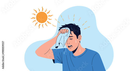 Exhausted young man wipes sweat from his forehead with a towel while suffering under the intense heat of a bright sun.