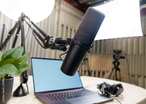 Photos Professional podcast studio equipment microphone headphones laptop smartphone ca