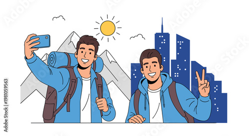 Two happy male hikers take a selfie during their journey with scenic mountains and city skyscrapers visible in the distance.