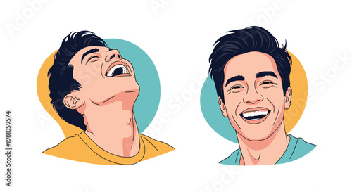 Double portrait shows a young man laughing heartily with his head back and smiling broadly towards the viewer.