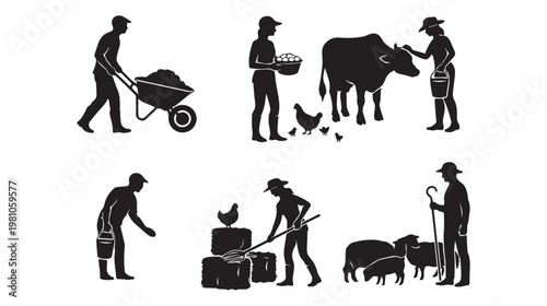 Silhouette of male and female farmers tending to animals. Vector of farmers feeding. Herding livestock.