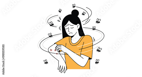 Distressed woman is scratching her arm due to itchy mosquito bites while many insects fly in a circle around her head.