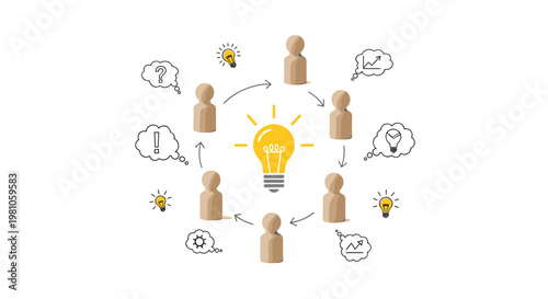 Meticulously crafted wooden peg figures stand in a circular formation around a vibrant yellow lightbulb icon on a pristine white minimalist background.