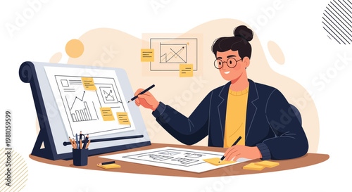 Designer Creating Wireframes and Storyboards on Digital Tablet and Paper