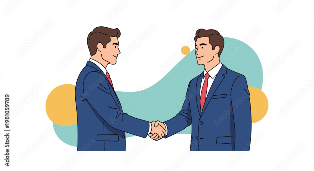 Fototapeta premium Two professional businessmen in blue suits shaking hands in front of an abstract background to finalize a successful partnership deal.