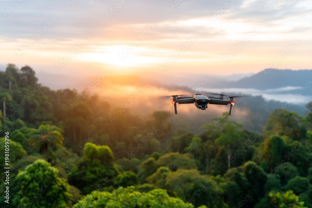 Fototapeta premium Drone Flying Above Lush Tropical Rainforest with Mist and Sunrise Background
