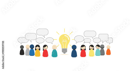A horizontal line of stylized peg people stands beneath numerous empty speech bubbles that surround a central glowing yellow lightbulb on white space.