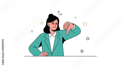 Angry businesswoman in a green suit shows a thumbs down gesture to express disapproval, dislike, or a negative review.