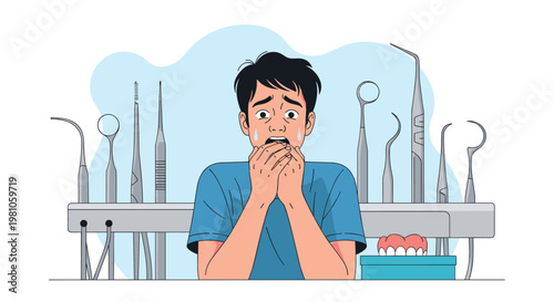 Terrified young man covers his mouth with his hands while looking at a row of sharp metal dental tools in a clinic.