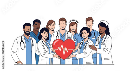 Diverse group of doctors and nurses in uniform stand together while holding a large red heart with a heartbeat line.
