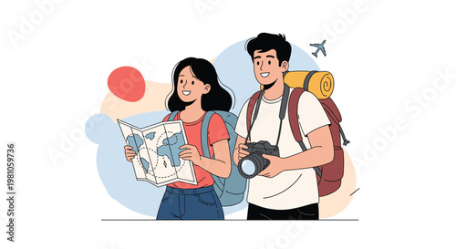 Young adventurous couple exploring a new destination while holding a paper map and carrying a professional camera with hiking backpacks.