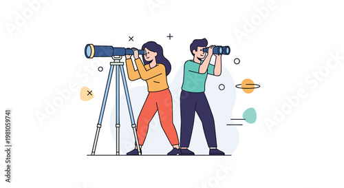 Man and woman standing back to back while observing the distant stars and planets through a professional telescope and binoculars.