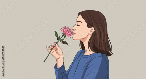 Beautiful young woman with brown hair closing her eyes while gently smelling a lovely pink rose in a peaceful moment of nature.