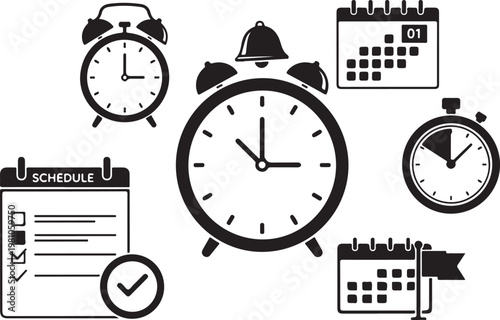 Black and white clock and calendar with schedule checklist