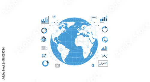 A sophisticated blue wireframe globe sits centered among a diverse array of technical data visualization icons on a clean and pristine white background.