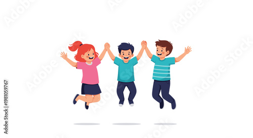 Three happy children holding hands and jumping high into the air with excitement and joy against a clean white background.