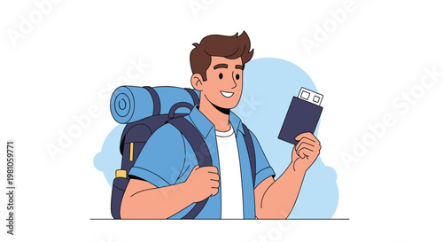 Excited male traveler with a blue backpack holding his passport and flight ticket ready for an international adventure abroad.