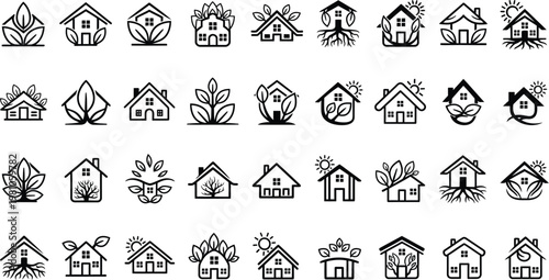House icons featuring various eco-friendly and organic design elements are arranged in a grid for architectural branding.