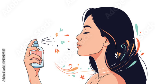 Profile view of a beautiful young woman with long dark hair spraying a bottle of fragrance as colorful floral scents surround her.