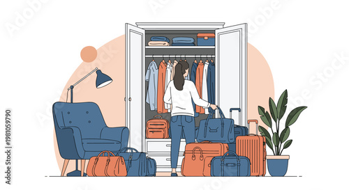 Woman standing in her bedroom choosing clothes from a closet and packing several blue and orange suitcases for a long trip.