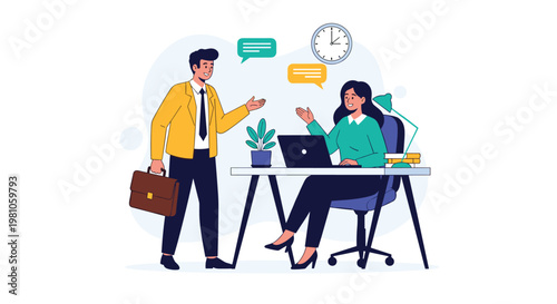 Professional man in a yellow blazer talking to a female colleague sitting at her office desk with a laptop and a clock on the wall.