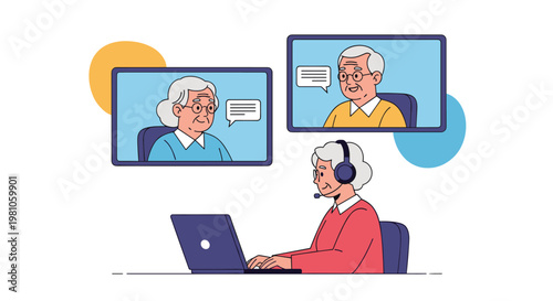 Tech-savvy elderly woman wearing a headset and using her laptop to have a video call with two other senior friends on screens.