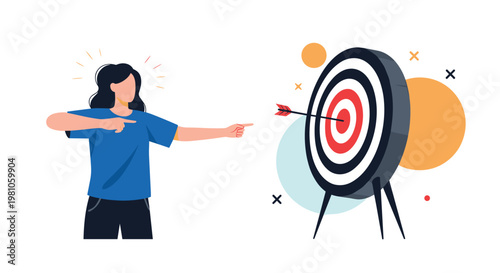 Proud young woman pointing at a red bullseye on a large target where she has successfully landed an arrow in the center.