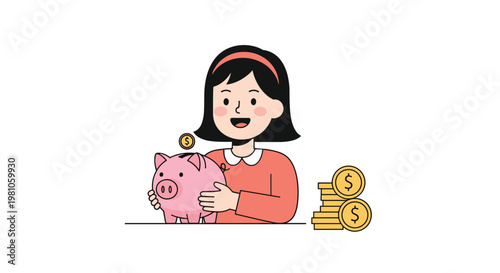 Happy young girl holding a pink piggy bank and putting a gold coin into it to save money for her future dreams and goals.