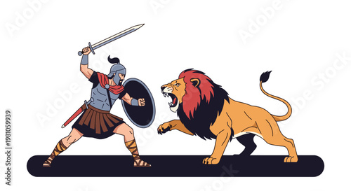 Ancient Roman gladiator holding a sword and shield while facing a fierce roaring lion in a classic dramatic combat scene.