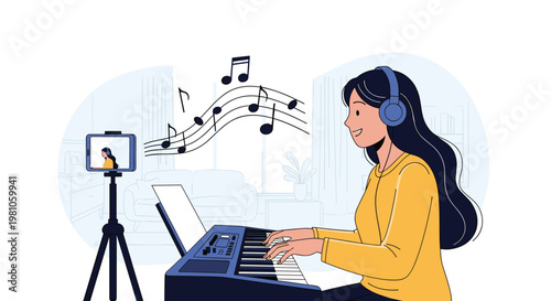 Young girl playing an electronic keyboard piano while recording a video tutorial using her smartphone on a stable tripod.