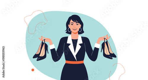 Smiling young woman holding two pairs of high heel shoes in her hands while standing against a blue abstract background.