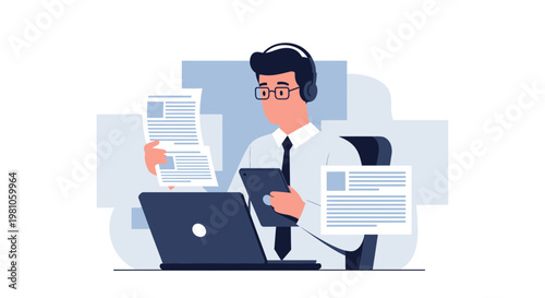 Focused businessman working with laptop, tablet, and documents, wearing headphones