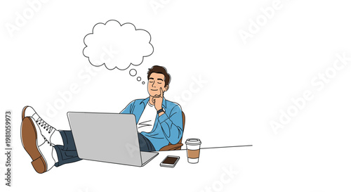 Relaxed man sitting at his office desk with feet up while dreaming about an idea shown in a thought bubble over his head.