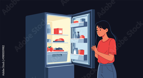 Young woman opening a refrigerator door at night and looking for food inside the lit appliance in a dark kitchen room.