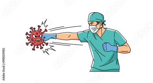 Brave doctor wearing a mask and scrubs delivering a powerful punch to a personified red coronavirus molecule symbol.
