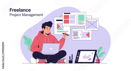 Freelance Project Management: Designer Working Remotely with Laptop and Tablet