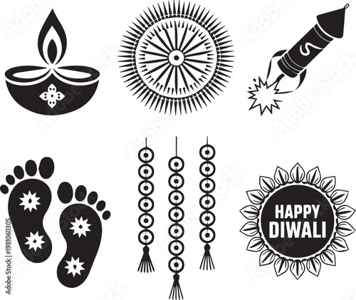 Traditional diwali decorations and symbols in black and white illustration