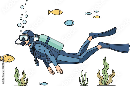 Scuba diver explores the vibrant underwater world surrounded by colorful tropical fish and swaying seaweed in a peaceful deep sea environment.