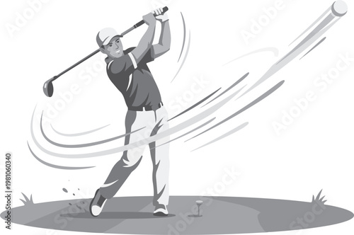 Man swinging golf club with motion.