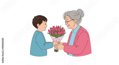 Loving young boy giving a large bouquet of pink tulips to his elderly grandmother in a heartwarming family moment.