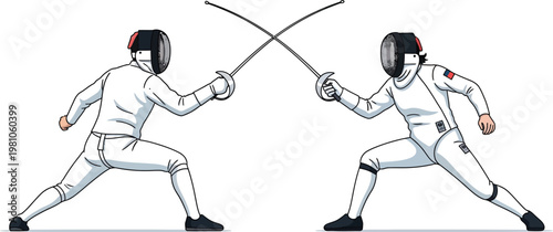 Fencers engage in a competitive duel while wearing protective gear and wielding swords during a match.