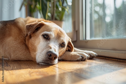 Elderly dog resting peacefully indoors by the window bathed in warm sunlight.