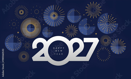 Happy New Year 2027 Silver Typography with Fireworks on Blue Background Modern Elegant Design