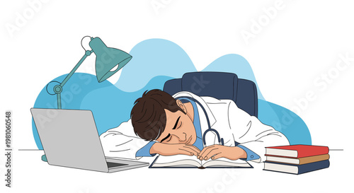 Exhausted young doctor wearing a white coat and stethoscope sleeping on his desk next to a laptop and stack of books.