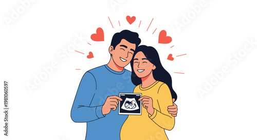 Joyful young couple holding an ultrasound picture of their baby with red hearts floating around them to celebrate pregnancy.
