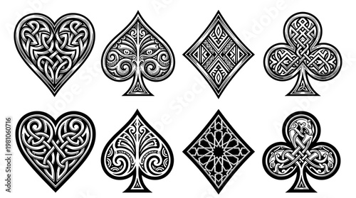 Set of decorative playing card suits icons with celtic and geometric patterns. Heart, Spade, Diamond, and Club symbols in ornate tribal tattoo style. Black and white vector illustrations.
