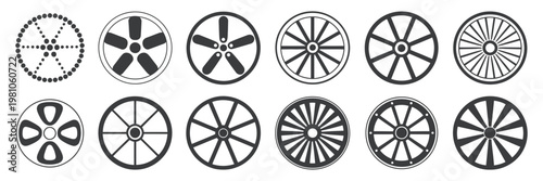 Alloy Wheels Vector Set, Car Rim Collection with Modern Spoke Designs, Automotive Wheel Icons for Tuning, Racing and Garage Branding, Clean Isolated Vector Illustration
