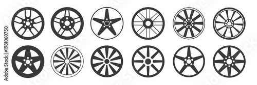 Car Alloy Wheel Vector Set, Automotive Rim Collection with Multiple Spoke Styles, Performance Wheels for Racing, Tuning and Repair Shop Design, Clean Isolated Illustration