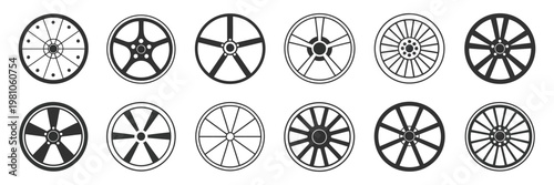 Alloy Wheels Vector Set, Car Rim Collection with Modern Spoke Designs, Automotive Wheel Icons for Tuning, Racing and Garage Branding, Clean Isolated Vector Illustration