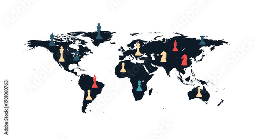 Multiple small chess pieces in red, yellow, and blue colors are distributed across a dark navy blue world map on a clean and stark white background surface.